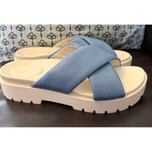 Vionic Vesta Blue Pebbled Leather Cross Strap Platform Slide Sandals Womens 10